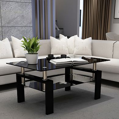 Modern Black Glass Coffee Table,39.37"Rectangular Center Table with Two Tier Storage for Living Room