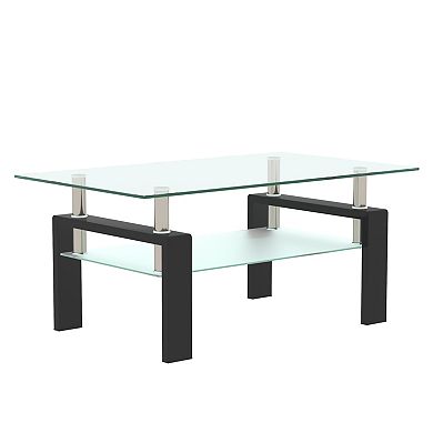 Modern 2-Tier Clear Glass Coffee Table, Rectangular Transparent Center & End Table for Living Room