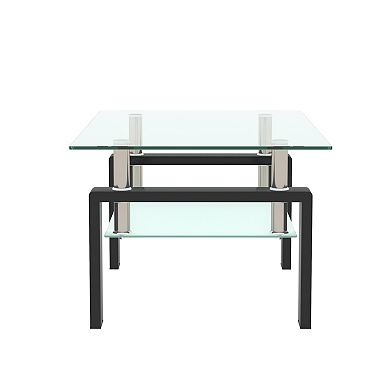 Modern 2-Tier Clear Glass Coffee Table, Rectangular Transparent Center & End Table for Living Room
