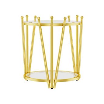 Gold Side Table, 20” Round Tempered Glass End Table with 2 tier & Adjustable Feet, 300LBS Capacity