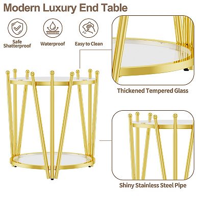 Gold Side Table, 20” Round Tempered Glass End Table with 2-Tier & Adjustable Feet, 300LBS Capacity