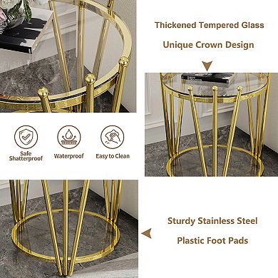Gold Side Table, 20” Round Tempered Glass End Table with 2-Tier & Adjustable Feet, 300LBS Capacity