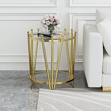 Gold Side Table, 20” Round Tempered Glass End Table with 2-Tier & Adjustable Feet, 300LBS Capacity