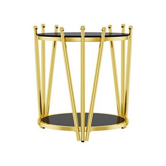 Gold Side Table, 20” Round Tempered Glass End Table with 2 tier & Adjustable Feet, 300LBS Capacity