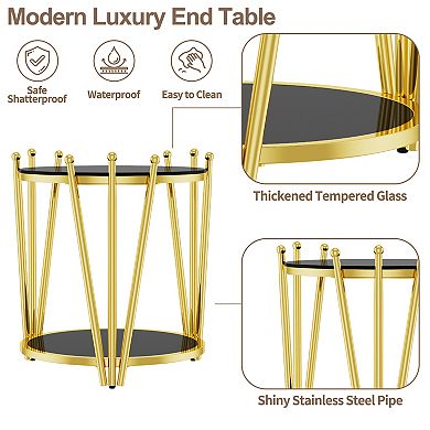 Gold Side Table, 20” Round Tempered Glass End Table with 2-Tier & Adjustable Feet, 300LBS Capacity