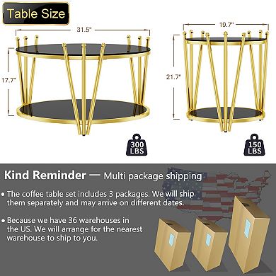Gold Side Table, 20” Round Tempered Glass End Table with 2-Tier & Adjustable Feet, 300LBS Capacity