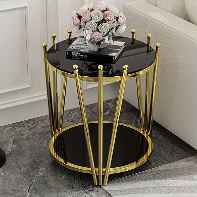 Gold Side Table, 20” Round Tempered Glass End Table with 2-Tier & Adjustable Feet, 300LBS Capacity