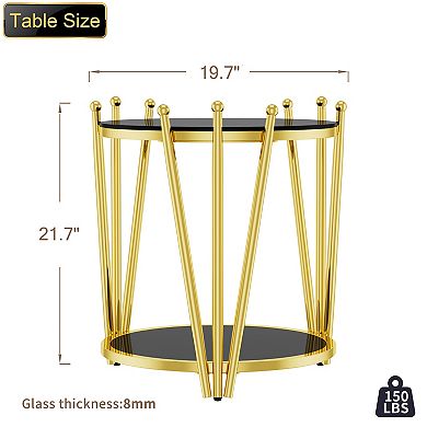 Gold Side Table, 20” Round Tempered Glass End Table with 2-Tier & Adjustable Feet, 300LBS Capacity