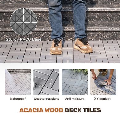 CEWOR 30 PCS Solid Teak Deck Tiles, 12"x12" Interlocking Outdoor Flooring for Patio & Poolside