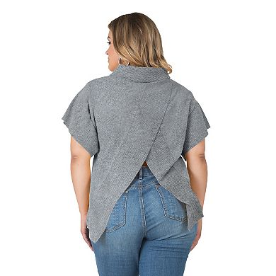 Plus Size Split Open Back Short Sleeve Turtleneck Cashmere Sweater