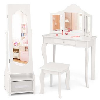 Costway Kids Vanity Set Princess Makeup Dressing Table & Chair Set with Jewelry Armoire