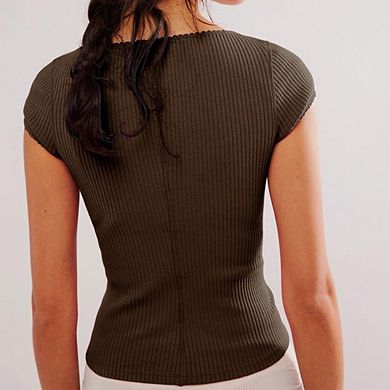 Women's Button Front Ribbed Knit Cardigan T-Shirt Lace Trim Front Slit Casual Top