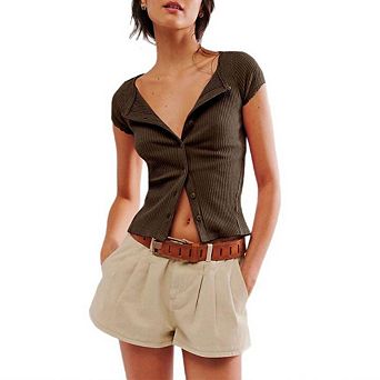 Women's Button Front Ribbed Knit Cardigan T-Shirt Lace Trim Front Slit Casual Top