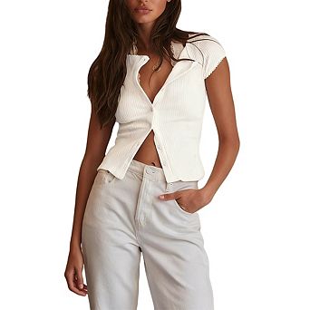 Women's Button Front Ribbed Knit Cardigan T-Shirt Lace Trim Front Slit Casual Top