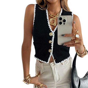 Women's Color Block Single-Button Casual Knit Vest, Sleeveless Cropped Sweater Vest with Scalloped