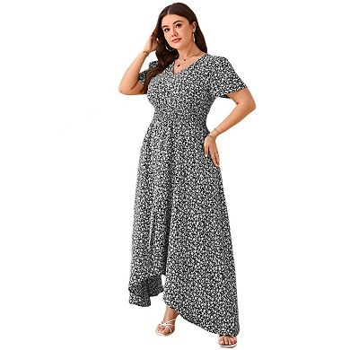 Women Plus Size Maxi Dress Short Sleeve Wrap V Neck Button Down High Low Split Ruffle Long Dress