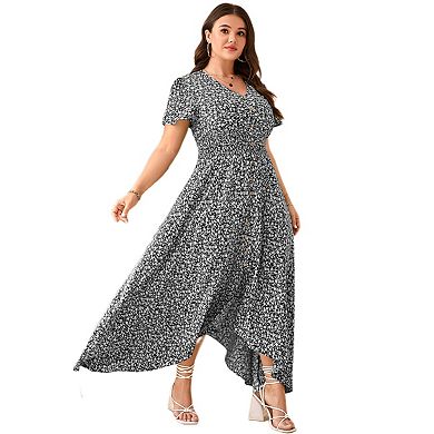 Women Plus Size Maxi Dress Short Sleeve Wrap V Neck Button Down High Low Split Ruffle Long Dress