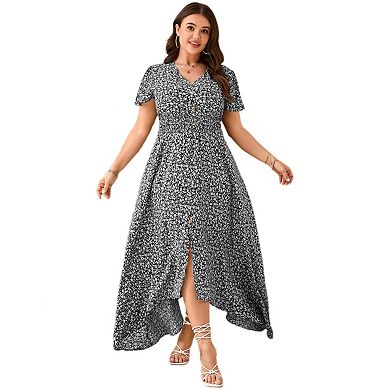 Women Plus Size Maxi Dress Short Sleeve Wrap V Neck Button Down High Low Split Ruffle Long Dress