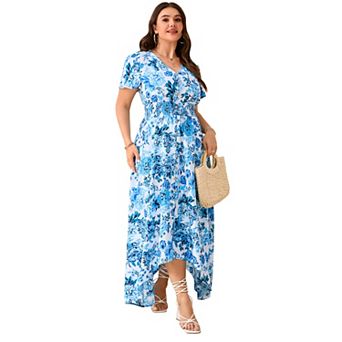 Women Plus Size Maxi Dress Short Sleeve Wrap V Neck Button Down High Low Split Ruffle Long Dress
