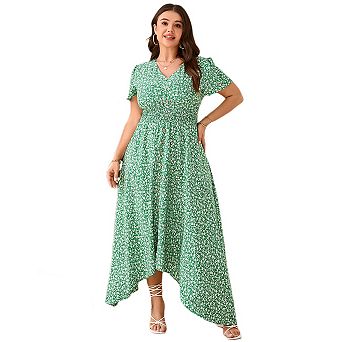 Women Plus Size Maxi Dress Short Sleeve Wrap V Neck Button Down High Low Split Ruffle Long Dress