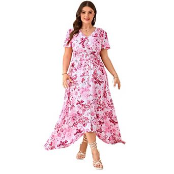 Women Plus Size Maxi Dress Short Sleeve Wrap V Neck Button Down High Low Split Ruffle Long Dress