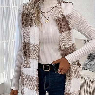 Women's Plaid Print Vest Sleeveless Open Front Cardigan Coat with Side Pockets