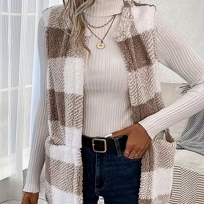 CARCOS Plus Size Plaid Vest For Women 3XL - Buffalo Check Lapel Open Front Sleeveless Jacket With Pockets, Orange/Brown