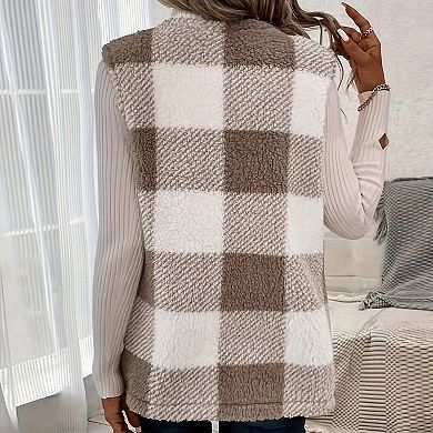 Women's Plaid Print Vest Sleeveless Open Front Cardigan Coat with Side Pockets