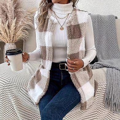Women's Plaid Print Vest Sleeveless Open Front Cardigan Coat with Side Pockets