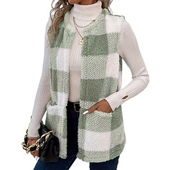 Women's Plaid Print Vest Sleeveless Open Front Cardigan Coat with Side Pockets