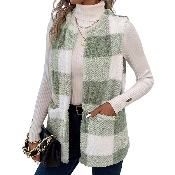 ORITINA Women’s Plaid Vest Cardigan – Lapel Open Front, Sleeveless, Pockets, Polyester-Cotton Blend