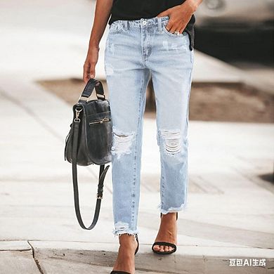 Women's Ripped Mid Waisted Boyfriend Jeans Loose Fit Distressed Stretchy Denim Pants