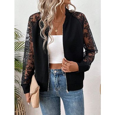 Women's Elegant Lace Sleeve Jacket Baseball Style Collar Long Sleeve Cover-Up