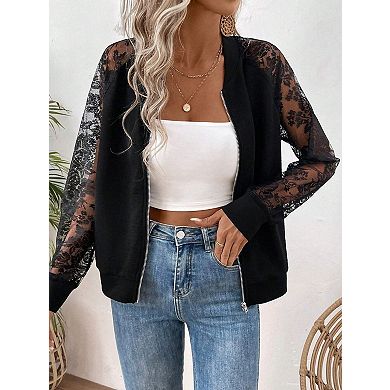 Women's Elegant Lace Sleeve Jacket Baseball Style Collar Long Sleeve Cover-Up