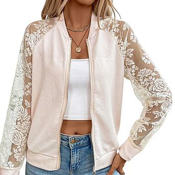 Women's Elegant Lace Sleeve Jacket Baseball Style Collar Long Sleeve Cover-Up