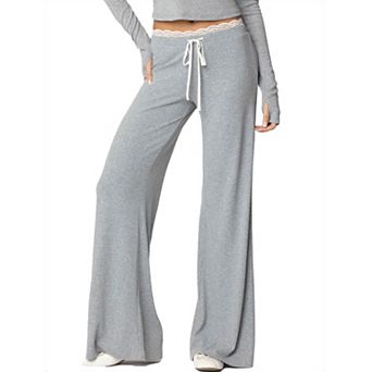 Women's Drawstring Waist Trousers Relaxed Fit Straight Leg Pants with Lace Trim Detail