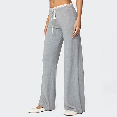 Women's Drawstring Waist Trousers Relaxed Fit Straight Leg Pants with Lace Trim Detail