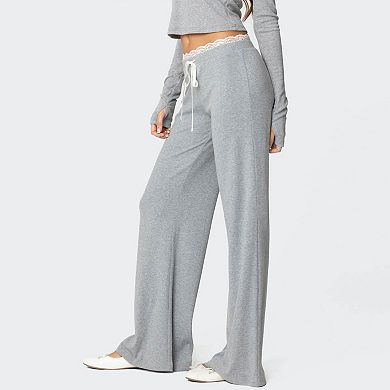 Women's Drawstring Waist Trousers Relaxed Fit Straight Leg Pants with Lace Trim Detail