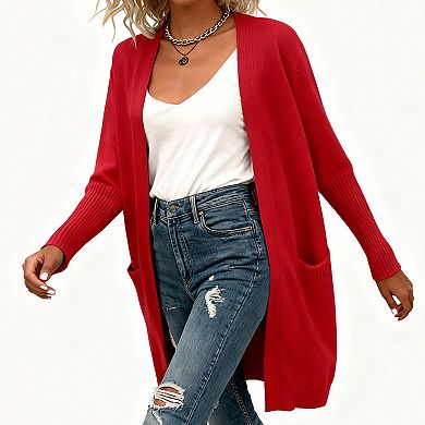 Women's Long Sleeve Draped Longline Open Front Knit Cardigan with Pockets