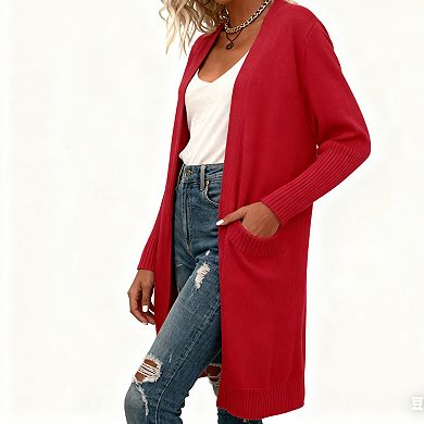 Women's Long Sleeve Draped Longline Open Front Knit Cardigan with Pockets