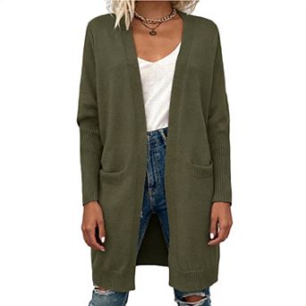 Women's Long Sleeve Draped Longline Open Front Knit Cardigan with Pockets