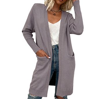 Women's Long Sleeve Draped Longline Open Front Knit Cardigan with Pockets