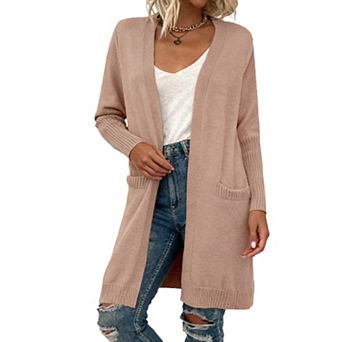 Women's Long Sleeve Draped Longline Open Front Knit Cardigan with Pockets