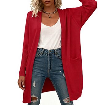 Women's Long Sleeve Draped Longline Open Front Knit Cardigan with Pockets