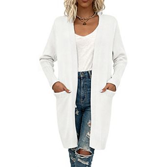Women's Long Sleeve Draped Longline Open Front Knit Cardigan with Pockets