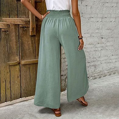 Women's Elastic Waist Wide Leg Pants Irregular Hem Casual Pants