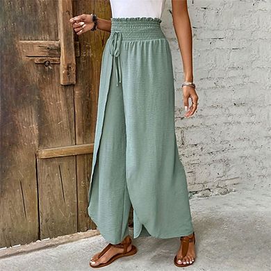 Women's Elastic Waist Wide Leg Pants Irregular Hem Casual Pants