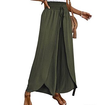 Women's Elastic Waist Wide Leg Pants Irregular Hem Casual Pants