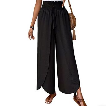 Women's Elastic Waist Wide Leg Pants Irregular Hem Casual Pants
