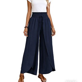 Women's Elastic Waist Wide Leg Pants Irregular Hem Casual Pants